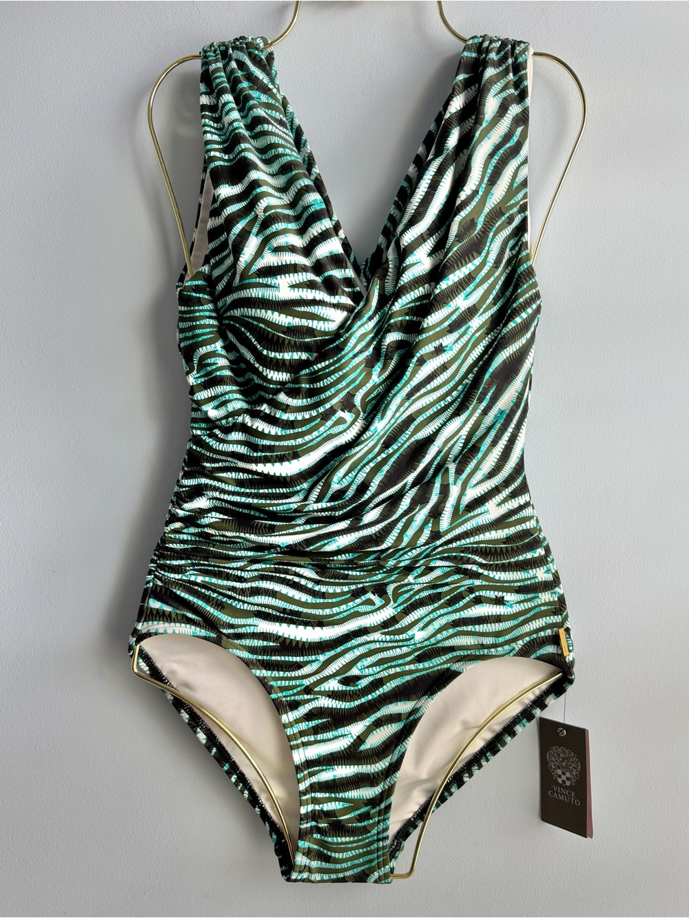 Vince Camuto Women's Teal & Black Printed Surplice One-Piece Swimsuit Size 6